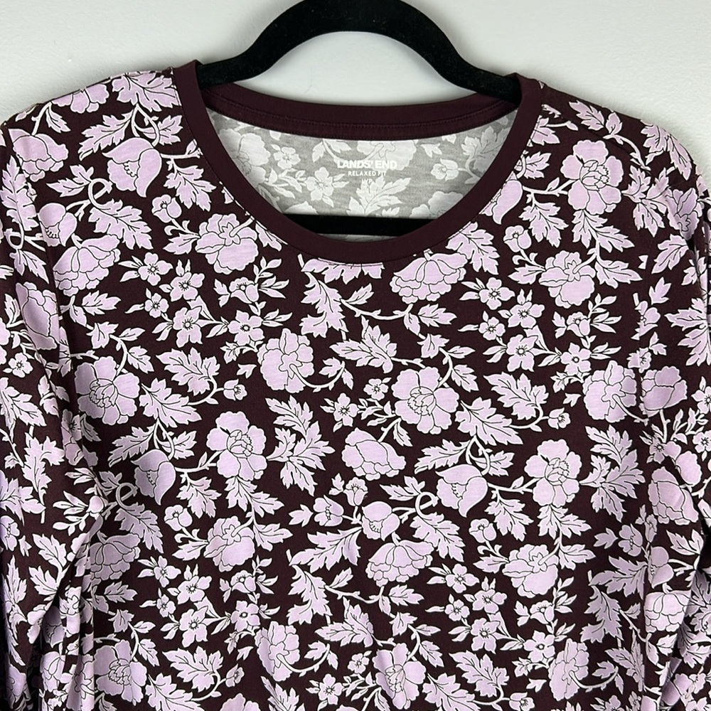 Lands' End Relaxed Fit Floral Cotton Long Sleeve Tee Large Petite Purple Lilac - Picture 3 of 11